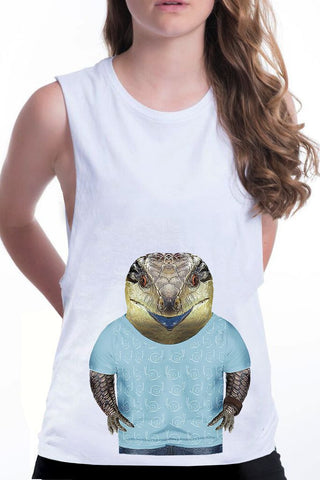 women's blue tongue lizard boyfriend tank white