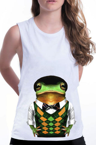 women's frog boyfriend tank white
