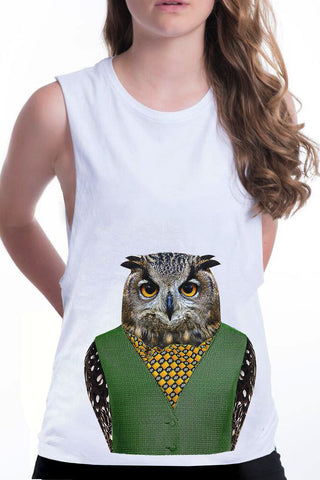 women's owl boyfriend tank white